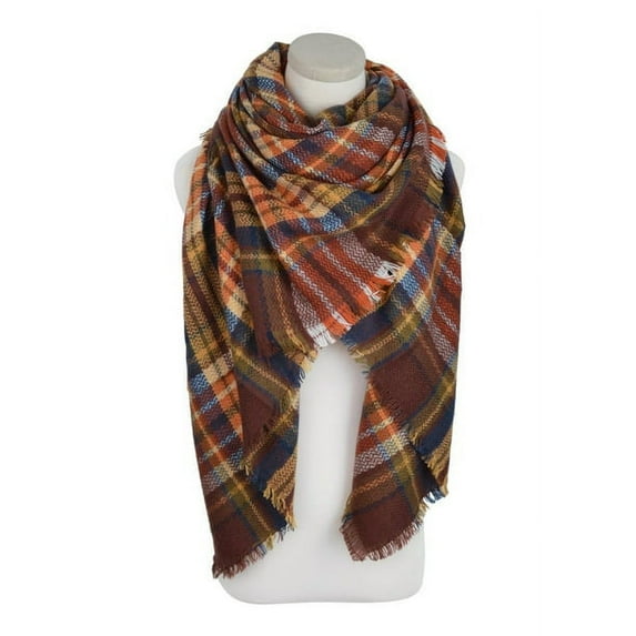 Premium Winter Large Knit Plaid Checked Square Blanket Scarf Shawl Wrap, Coffee
