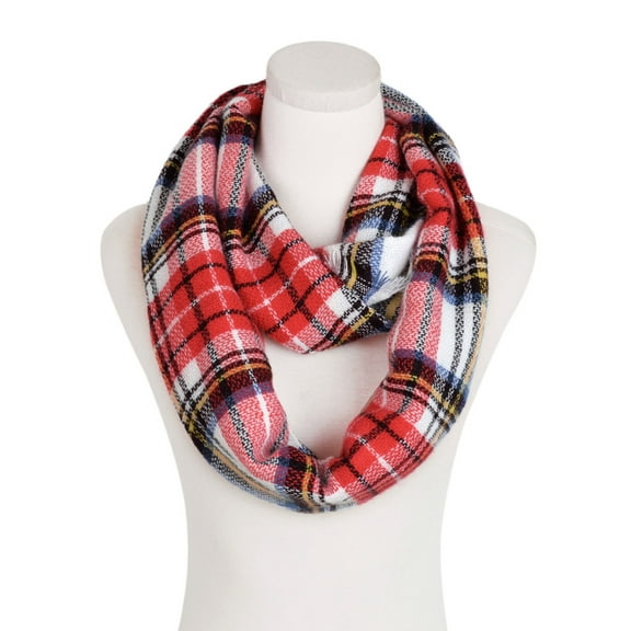 Premium Winter Soft Knit Plaid Checked Blanket Infinity Loop Circle Scarf, Red/White