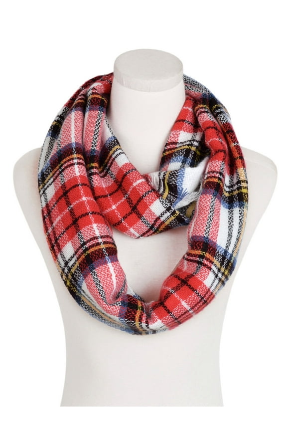 Premium Winter Soft Knit Plaid Checked Blanket Infinity Loop Circle Scarf, Red/White