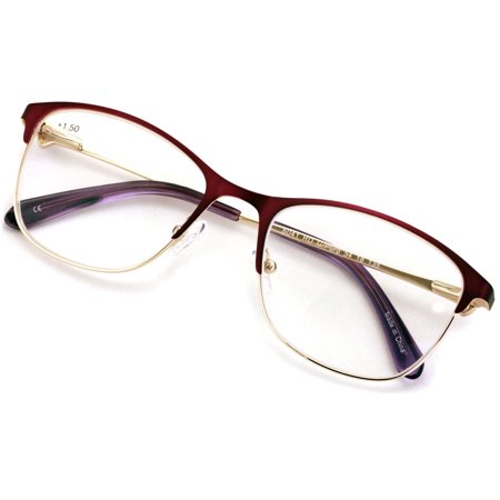 Premium Women Fashion Half Rim Optical Frame Reading Glasses With Rhinestones - Clear Lens Metal Eyeglasses Gold Readers