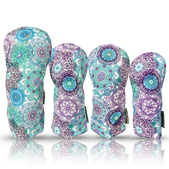 Womens Designer Resort Golf Club Covers 4 Pack - Taboo Fashions Numbered Head Covers for Driver Woods & Hybrid - Weather/Moisture Resistant Protection (Mandala Dreams)