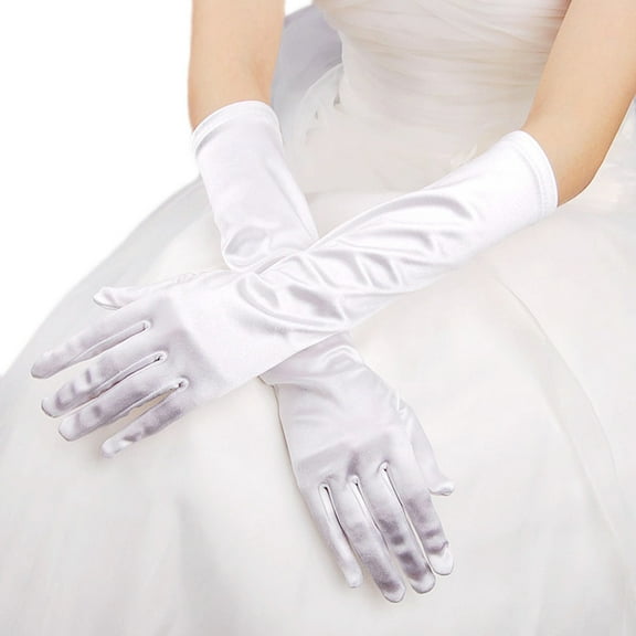 Premium Women's Long Solid Color Satin Wedding Party Bridal Gloves, White