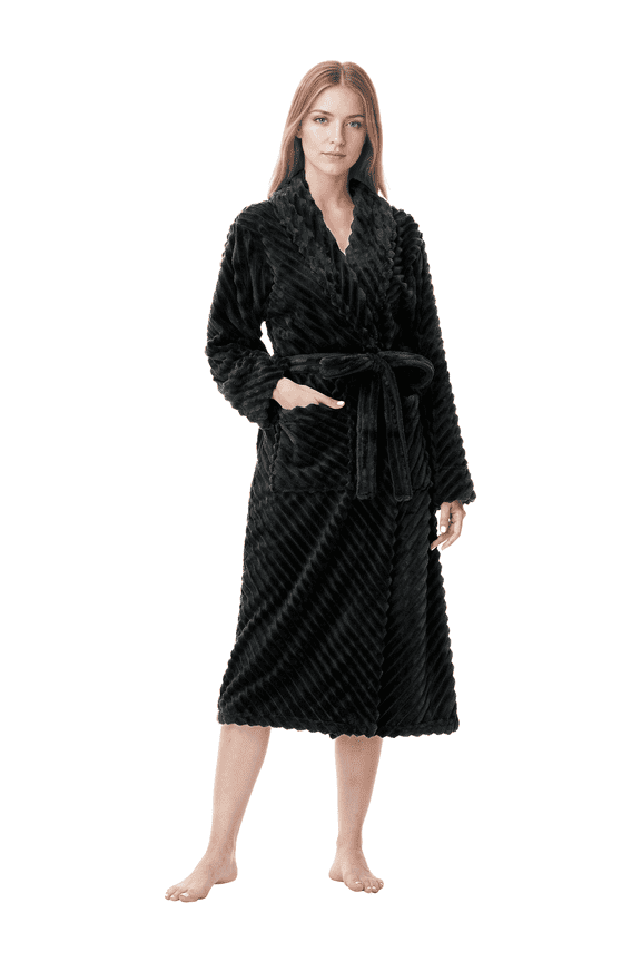 Black Women Robe Soft Cozy Warm Bathrobe Ladies Long Fleece Plush Comfy Spa Housecoat Lightweight Robe for Women(2XL/3XL,Black)