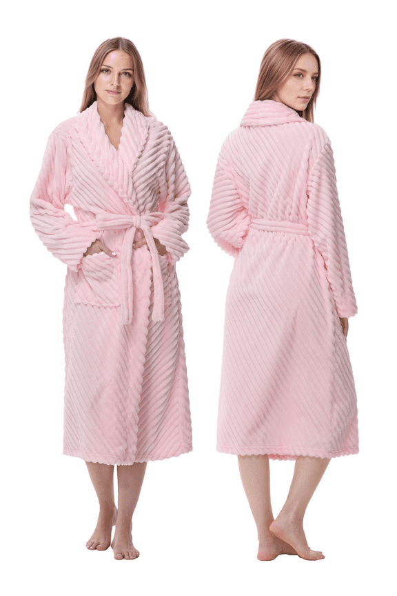 Pink Women Robe Soft Cozy Warm Bathrobe Ladies Long Fleece Plush Comfy Spa Housecoat Lightweight Robe for Women(2XL/3XL,Light Pink)