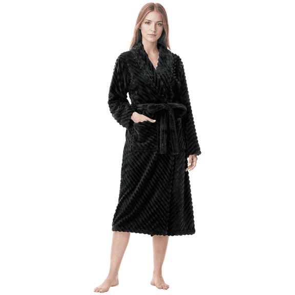 Enwphrey Black Women Robe Soft Cozy Warm Bathrobe Ladies Long Fleece Plush Comfy Spa Housecoat Lightweight Robe for Women(L/XL,Black)