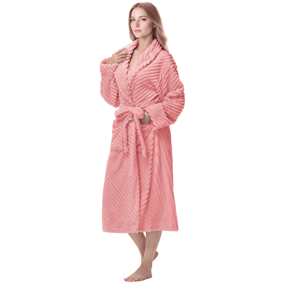 Enwphrey Coral Women Robe Soft Cozy Warm Bathrobe Ladies Long Fleece Plush Comfy Spa Housecoat Lightweight Robe for Women(L/XL,Coral)