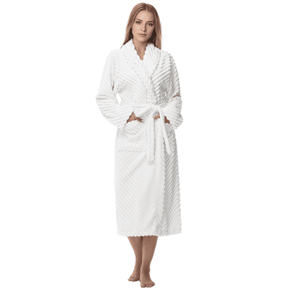 Enwphrey White Women Robe Soft Cozy Warm Bathrobe Ladies Long Fleece Plush Comfy Spa Housecoat Lightweight Robe for Women(L/XL,White)