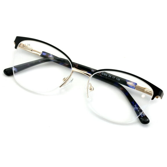 Premium Women's Round Half Rim Optical Frame Reading Glasses - Clear Lens Metal Eyeglasses Readers /w Case