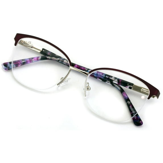 Premium Women's Round Half Rim Optical Frame Reading Glasses - Clear Lens Metal Eyeglasses Readers /w Case