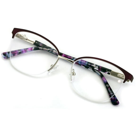 Premium Women's Round Half Rim Optical Frame Reading Glasses - Clear Lens Metal Eyeglasses Readers /w Case