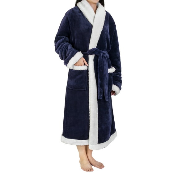 Premium Womens Sherpa Fleece Robe | Luxurious Soft, Warm, Plush Winter Bathrobe - Navy