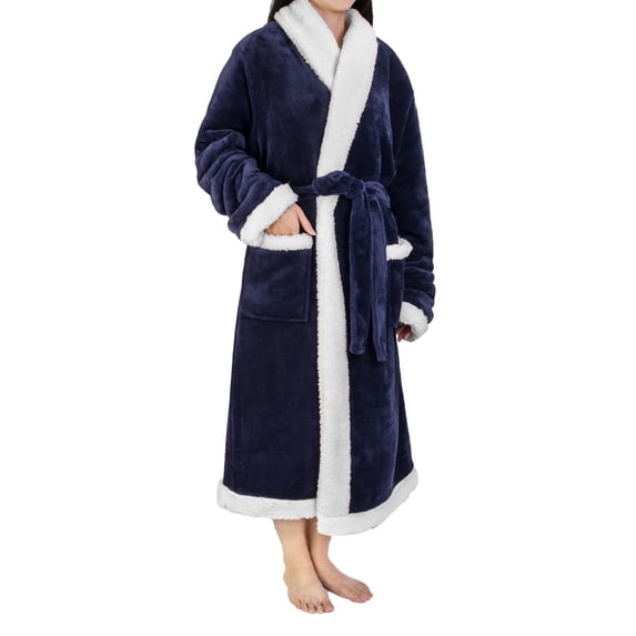 Premium Womens Sherpa Fleece Robe | Luxurious Soft, Warm, Plush Winter Bathrobe - Navy