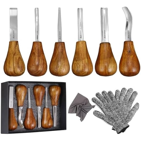 Premium Wood Carving Tools Set of 6 Pcs - Wood Carving Kit with Gloves for Woodcarving with Ash Handles Wood Carving set of Palm Gouges & Flat Chisels for Beginners to Whittling in Different Shapes
