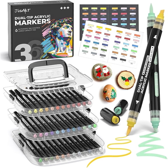 JusArt Automatic Ink Control Acrylic Paint Markers,36 Colors Dual Tip with Broad Tip and Brush Tip Pens for Ceramic, Wood, Canvas, Glass, Stone, Fabric, Rock Painting, DIY Crafts Art Supplies Kit