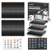 JusArt Automatic Ink Control Acrylic Paint Markers,36 Colors Dual Tip with Broad Tip and Brush Tip Pens for Ceramic, Wood, Canvas, Glass, Stone, Fabric, Rock Painting, DIY Crafts Art Supplies Kit