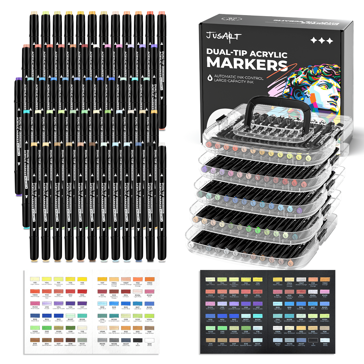 JusArt Automatic Ink Control Acrylic Paint Markers,60 Colors Dual Tip with Broad Tip and Brush Tip Pens for Ceramic, Wood, Canvas, Glass, Stone, Fabric, Rock Painting, DIY Crafts Art Supplies Kit