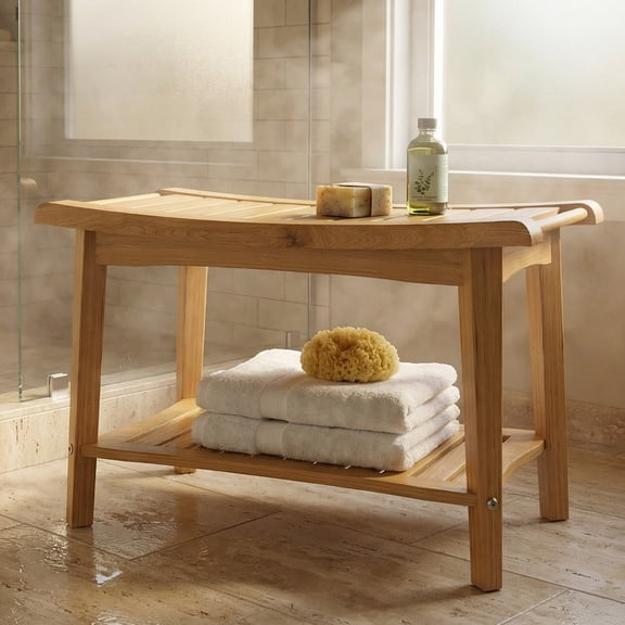 Premium Wood Shower Bench, Water Proof Ergonomic Stool with Storage Shelf for Bathroom Spa, Crafted from wood