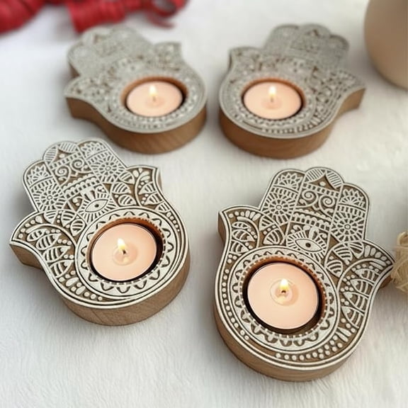 Premium Wooden Candle Holders with Evil Eye/Hand Design | White and Brown | Home Decor and Gifting Pack of 4