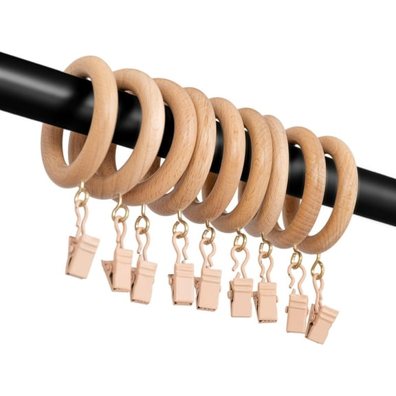 Premium Wooden Curtain Clip Rings – Natural Beechwood Finish – 2.5" Outer, 1.75" Inner Diameter – Decorative Drapery Rings with Hooks for Rods and Panels - Pack of 12