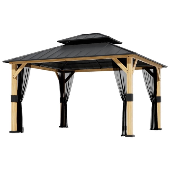 Premium Wooden Gazebo with Dual-Roof Ventilation  116 ft Shade, Mosquito Netting, Weather-Resistant