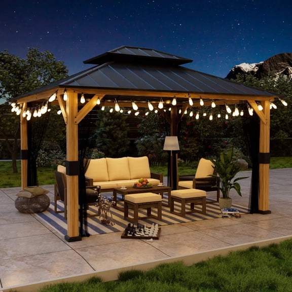 Premium Wooden Gazebo with Dual-Roof Ventilation  116 ft Shade, Mosquito Netting, Weather-Resistant