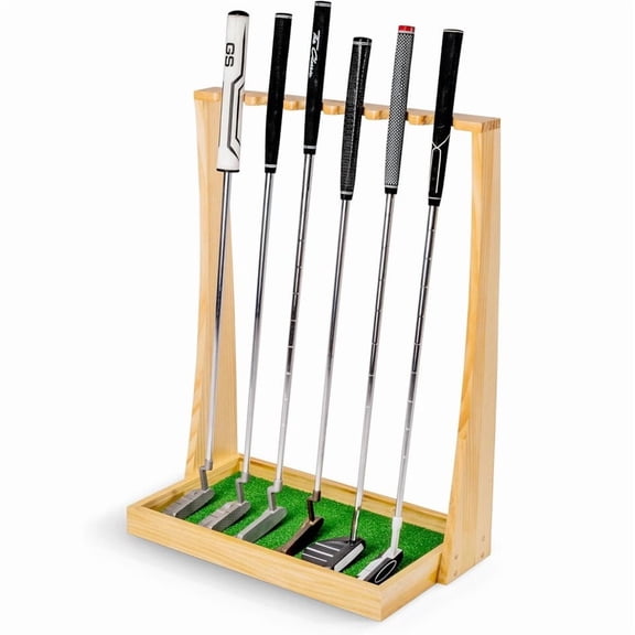 Premium Wooden Golf Putter Stand Floor Display Rack Holds 6 Club Golf Equipment, Natural