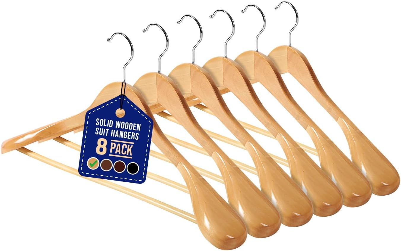 Premium Wooden Hangers 8 Pcs. Heavy Duty Suit Hanger Set 360 Swivel Hook Wide Shoulders Smooth Finish Pants Bar Design. Keep Closet Organized with Natural Elegance Walmart