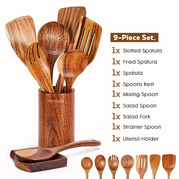 Premium Wooden Kitchen Utensils Set - 8/9 Pcs Spoons, Spatula, Holder & Spoon Rest for Non-Stick Pans, Heat Resistant, Easy Clean, Ideal Cooking Baking Gift
