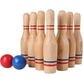 thumbnail image 1 of Premium Wooden Lawn Bowling Skittles Set with 11" Pins and Carrying Mesh Bag - Includes 10 Heavy Solid Wooden Pins and 2 Balls for Indoor and Outdoor Use, 1 of 7