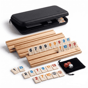 Premium Wooden Rummy Tile Game Set, Classic Rummikub Style Board Game for 4 Players with 106 Tiles, 4 Solid Wood Racks and Hard Carrying Case