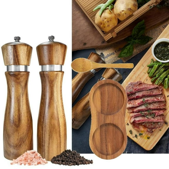 Premium Wooden Salt and Pepper Grinder Set, Adjustable Ceramic Coarseness, Refillable Solid Acacia Wood Mills with Stainless Steel Core, 8-Inch Tall - Includes Free Wooden Spoon & Seasoning Guide