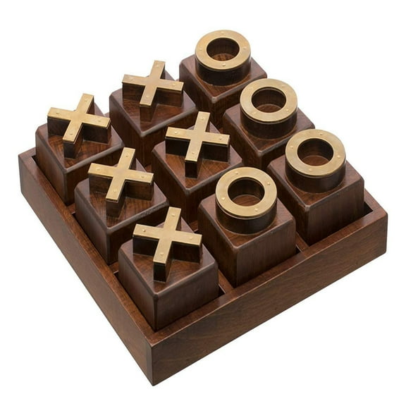 Premium Wooden Tic Tac Toe, Noughts & Crosses Tabletop Game with Brass Signs - Hand Crafted, Polished Finish - Coffee Table Centerpiece, Showpiece - Labzio Home by Eisco Labs