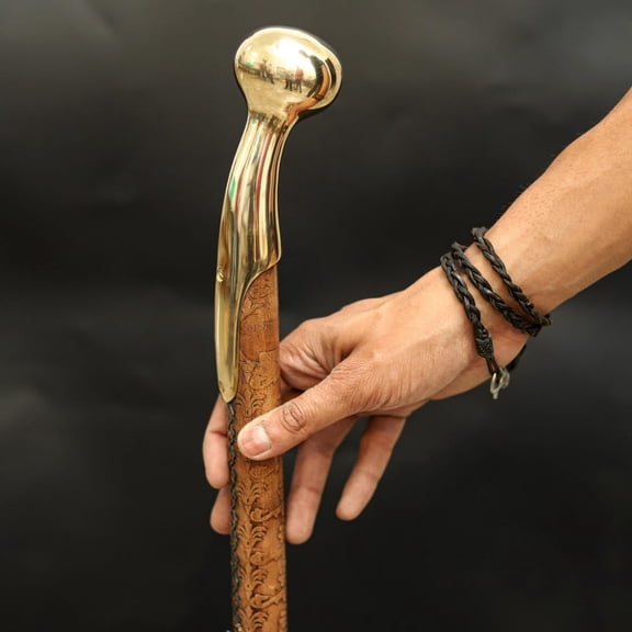 Premium Wooden Walking Cane Hand-Carved Shaft & Brass Handle | Nautical Floral Pattern
