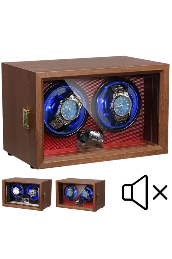 Premium Wooden Watch Winder - Dual Automatic Quiet Motor w/Blue Light & 4-Speed Settings, Smart Rotation Control for Automatic Watches, Luxury Gift Box for Men/Women