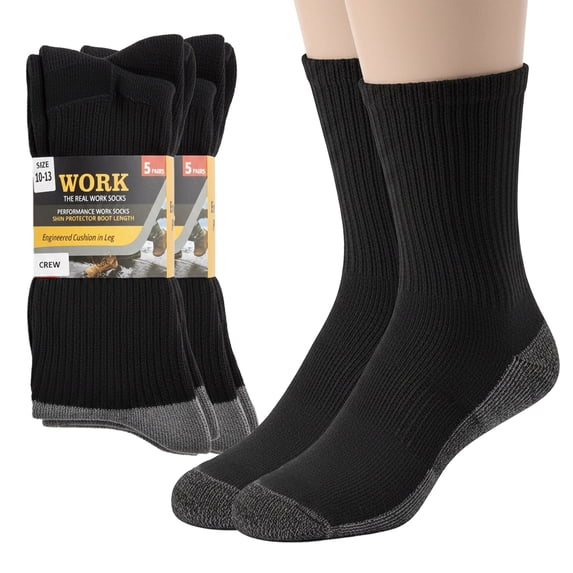 Premium Work Crew Socks for Men – Cushioned, Moisture Wicking, Reinforced Heel & Toe – 5 Pair Pack