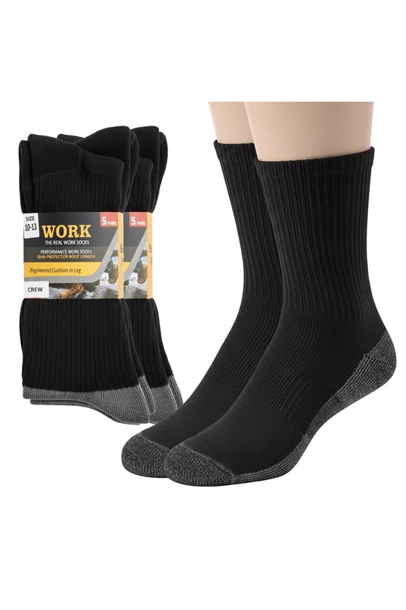 Premium Work Crew Socks for Men – Cushioned, Moisture Wicking, Reinforced Heel & Toe – 5 Pair Pack