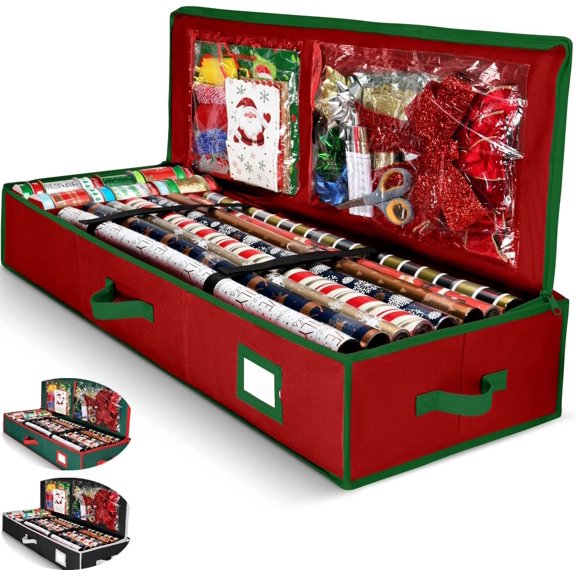 Premium Wrapping Paper Organizer Storage | Gift Wrap Holder With Extra Pockets for Christmas Decorations, Reinforced Handles, Heavy Duty, Ultra-Durable, Tear-Proof Fabric - Fits Up to 27 Rolls