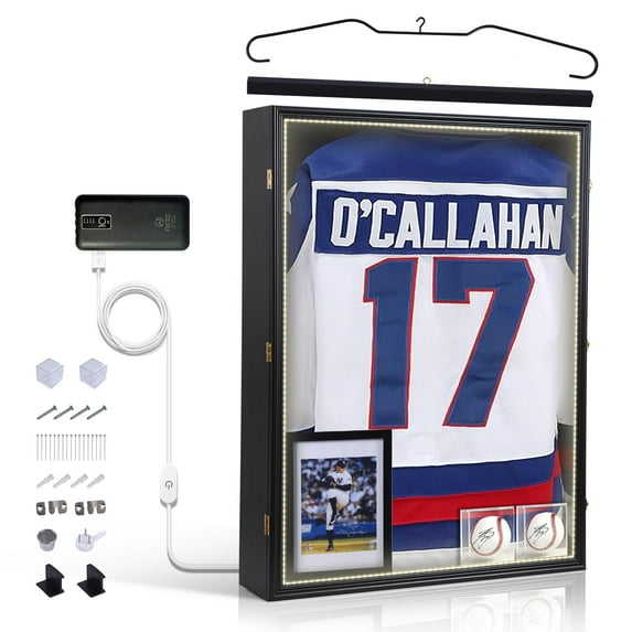 Premium XL Jersey Display Case with LED Lighting, UV Shield, Dual Baseball Mounts & Photo Frame Insert