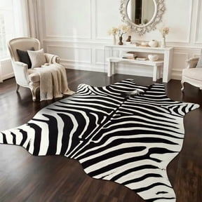 Premium Zebra Rugs for Living Room Bedroom, Non-Slip Throw Rug for Home Decor, Faux Zebra Print Animal Skin Carpets, Black and White, Ivory, 4.6 x 5.2 ft