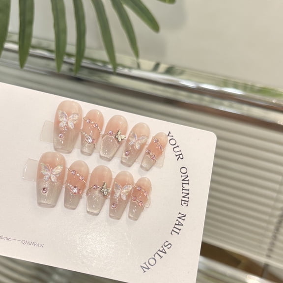 Premium light luxury stacked diamond butterfly pure handmade wearing nail cat's eye temperament white nail patch removable fake nail