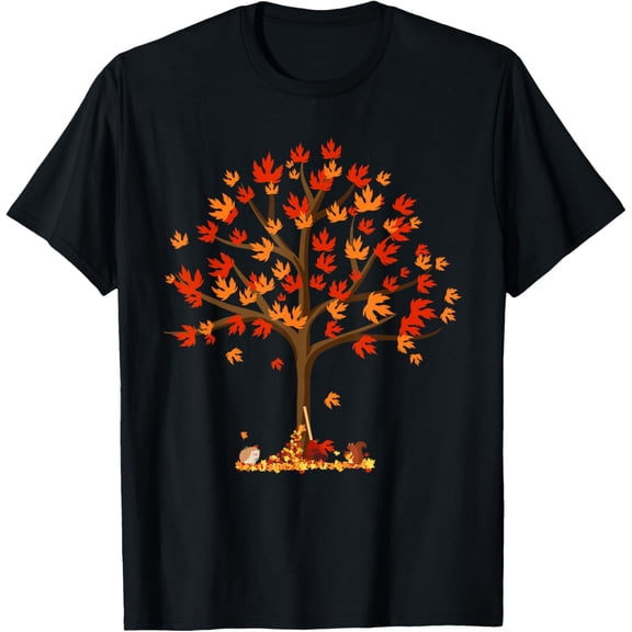 Premium model-Unisex-100% cotton-Autumn Fall Leaves Tree & Forest Creatures Mens Womens T-Shirt