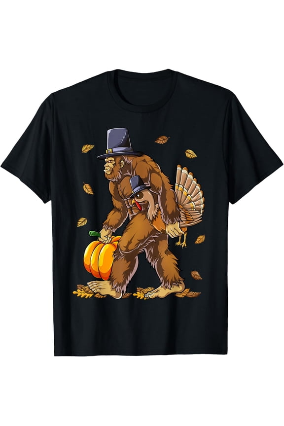 Premium model-Unisex-100% cotton-Bigfoot Pilgrim Turkey Pumpkin Thanksgiving Day Boys Men T-Shirt