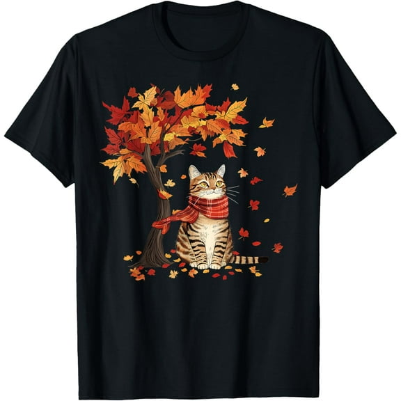 Premium model-Unisex-100% cotton-Cat Leaf Fall Tree Hello Autumn Thanksgiving It's Fall Y'all T-Shirt
