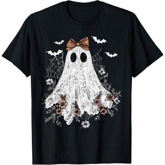 Premium model-Unisex-100% cotton-Cute Floral Lace Ghost Boujee Coquette Bow Spooky Halloween T-Shirt