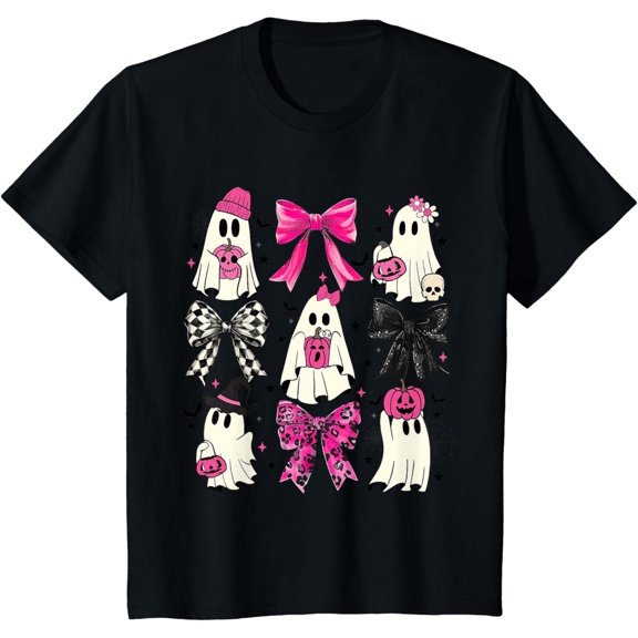 Premium model-Unisex-100% cotton-Cute Ghost Coquette Aesthetic Pink Bows Spooky Season Girl T-Shirt