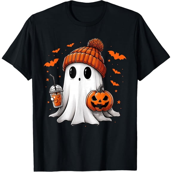 Premium model-Unisex-100% cotton-Cute Ghost Drinking Ice Coffee Halloween Pumpkin Mens Womens T-Shirt