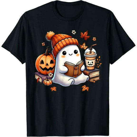 Premium model-Unisex-100% cotton-Cute Ghost Reading Book Lovers Funny Womens Girls Halloween T-Shirt