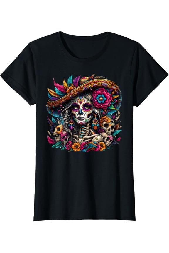 Premium model-Unisex-100% cotton-De Los Muertos La Catrina Day of The Dead Sugar Skull Women T-Shirt