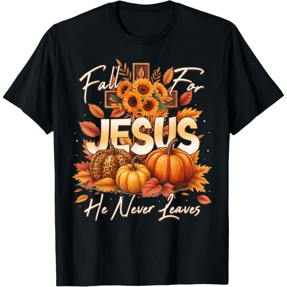 Premium model-Unisex-100% cotton-Fall For Jesus He Never Leaves Christian Faith Cross Pumpkin T-Shirt