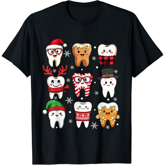 Premium model-Unisex-100% cotton-Funny Dental Christmas Cute Teeth Costume Dentist Santa Hat T-Shirt
